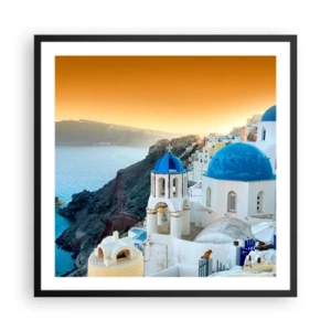 Poster in een zwarte lijst - Santorini - genesteld tegen de rotsen - 60x60 cm