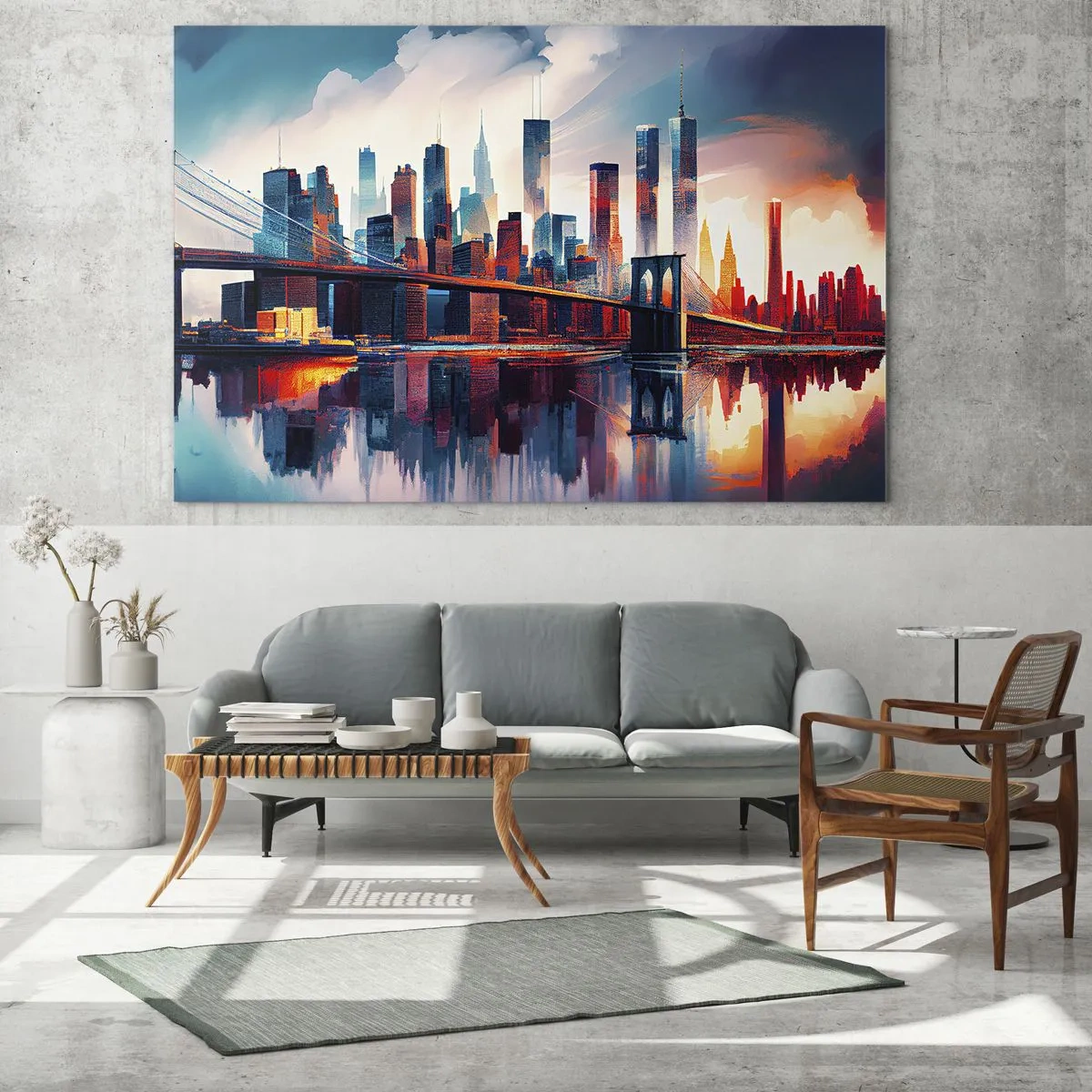 Schilderen op glas - Panorama van de stad met een brug tegen de kleurrijke lucht en weerspiegeling in het water - 70x50cm - Een droomachtig New York - Moderne wanddecoratie voor woonkamer en slaapkamer ARTTOR