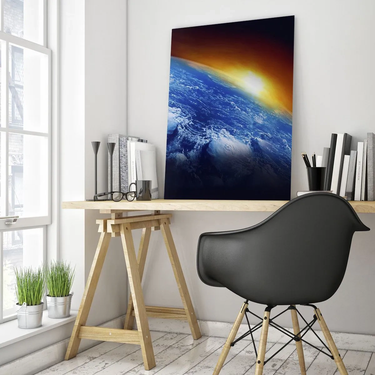 Schilderen op glas - Zonsopgang boven de blauwe planeet - 80x120 cm