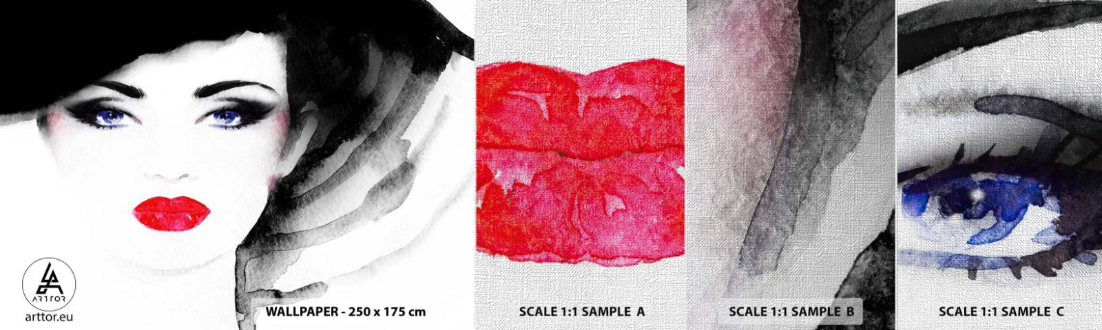 Fotobehang Monster Premium Canvas - Hij duwt terug en roept - Het gezicht van de vrouw, rode lippen, Blauwe ogen - 100x30 cm