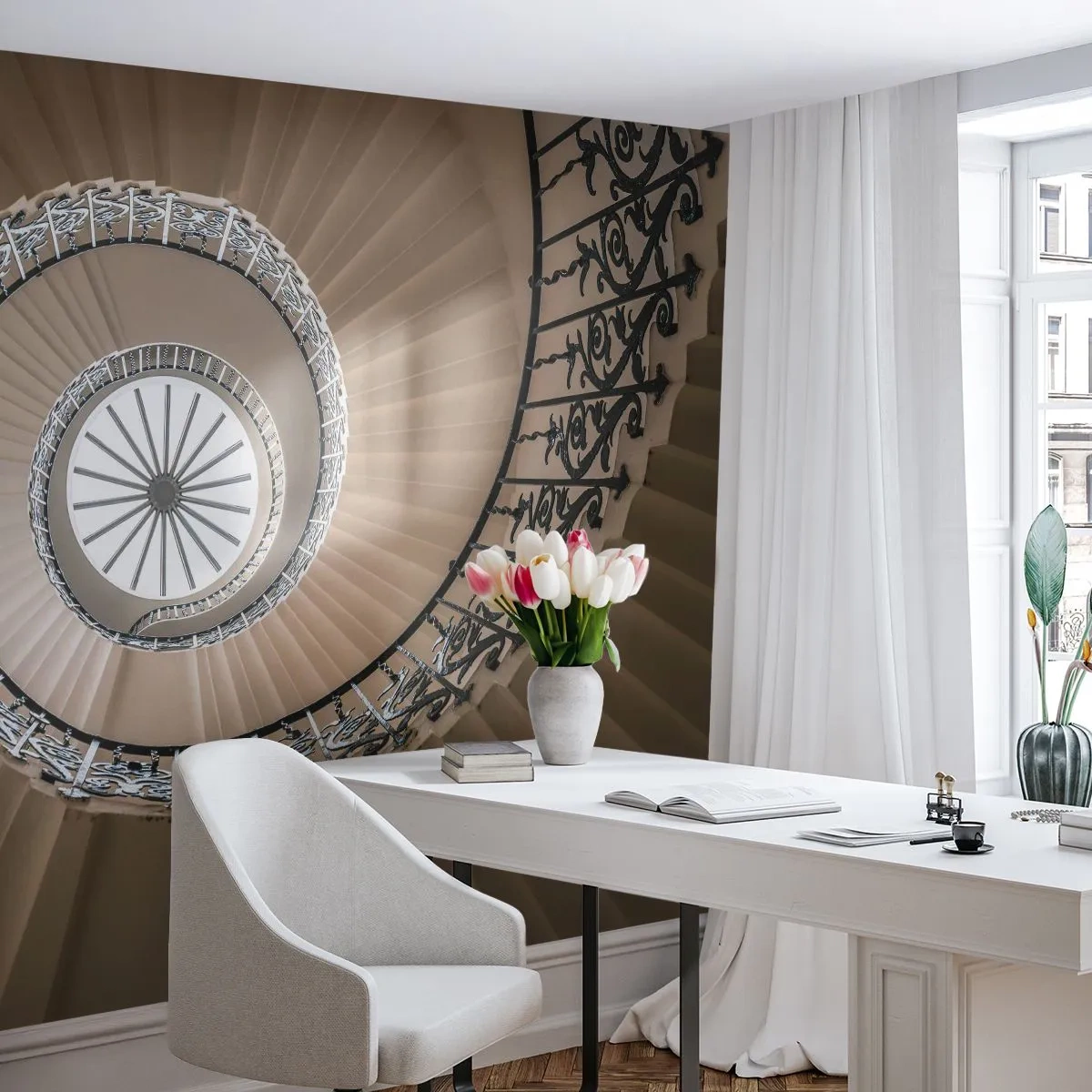 Fotobehang Premium Canvas - Binnenin de schaal - Trap, Krullend, Ornament - 250x175 cm
