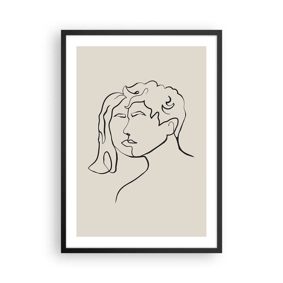 Poster in een zwarte lijst - Een minimalistische schets van de gezichten van een stel op een beige achtergrond. - 50x70cm - En er ontstond eenheid - Moderne wanddecoratie voor woonkamer en slaapkamer ARTTOR
