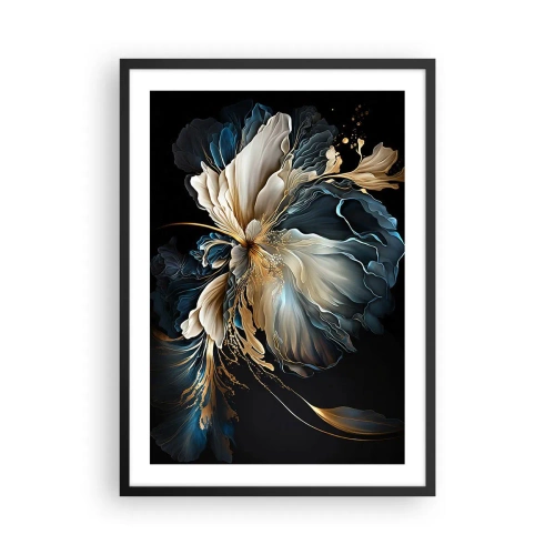Poster in een zwarte lijst - Een elegant abstract bloemenarrangement in goud en marineblauw. - 50x70cm - Sprookjesachtige varenbloem - Moderne wanddecoratie voor woonkamer en slaapkamer ARTTOR