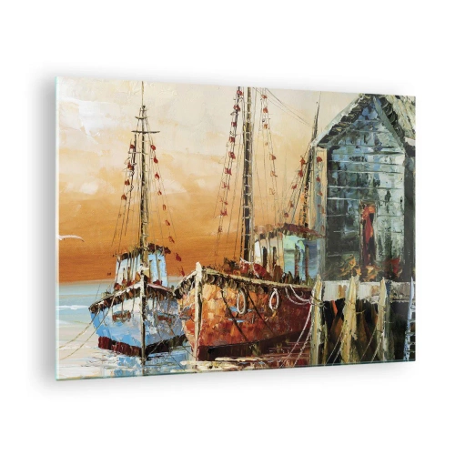 Schilderen op glas - Kleurrijke boten in de jachthaven - 70x50cm - Een vreedzame terugkeer - Moderne wanddecoratie voor woonkamer en slaapkamer ARTTOR