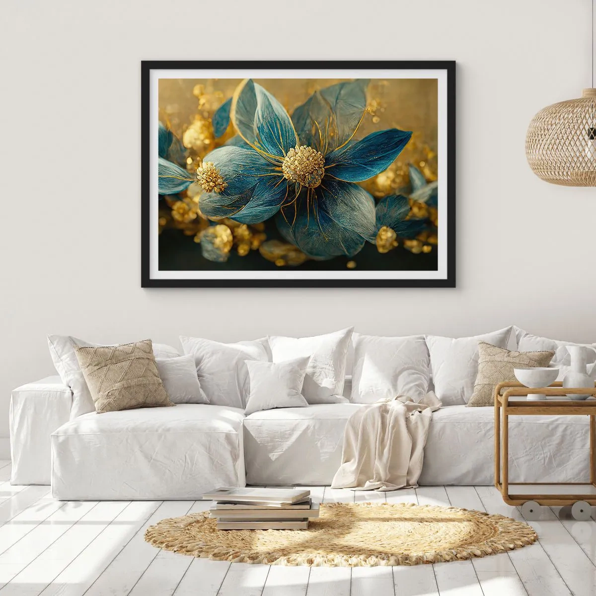 Poster in een zwarte lijst - Bloei met goud - 70x50 cm