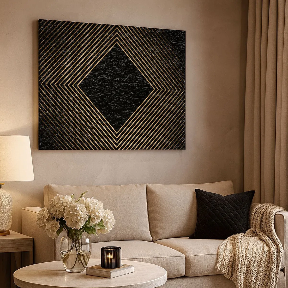 Schilderen op canvas - Zwarte achtergrond met een geometrisch patroon van gouden lijnen - 70x50cm - Geometrie in glamoureuze stijl - Moderne wanddecoratie voor woonkamer en slaapkamer ARTTOR