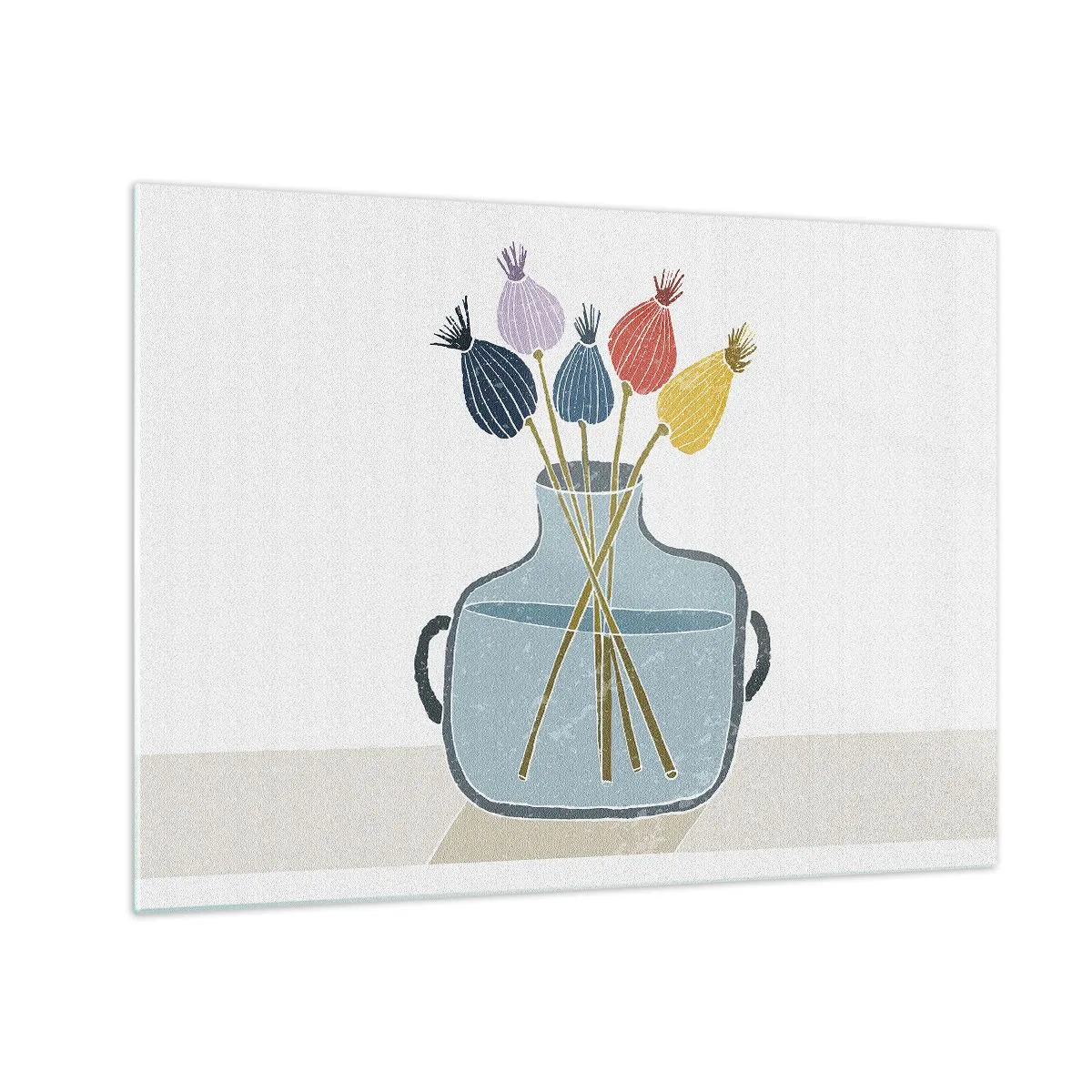 Schilderen op glas - Decoratieve klaprozenkoppen in een kruik in grafische stijl - 70x50cm - Alsof hij met maanzaad heeft gezaaid - Moderne wanddecoratie voor woonkamer en slaapkamer ARTTOR