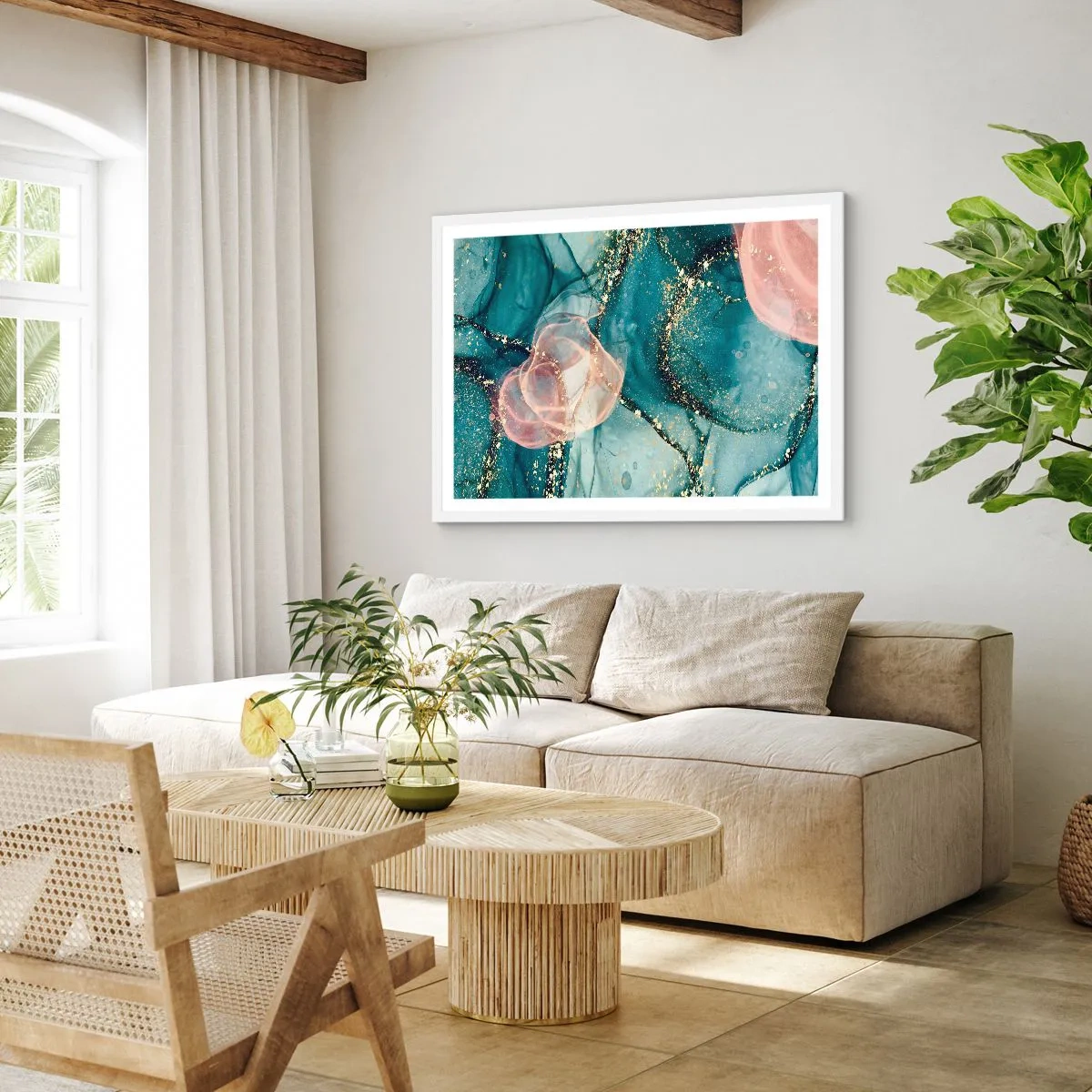 Poster in een witte lijst - Zijdeblauw, tule roze - 40x30 cm