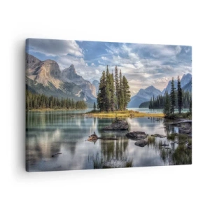 Schilderen op canvas - Een berglandschap met een eiland omgeven door een kalm meer - 70x50cm - Aan het grote en schone water ... - Moderne wanddecoratie voor woonkamer en slaapkamer ARTTOR