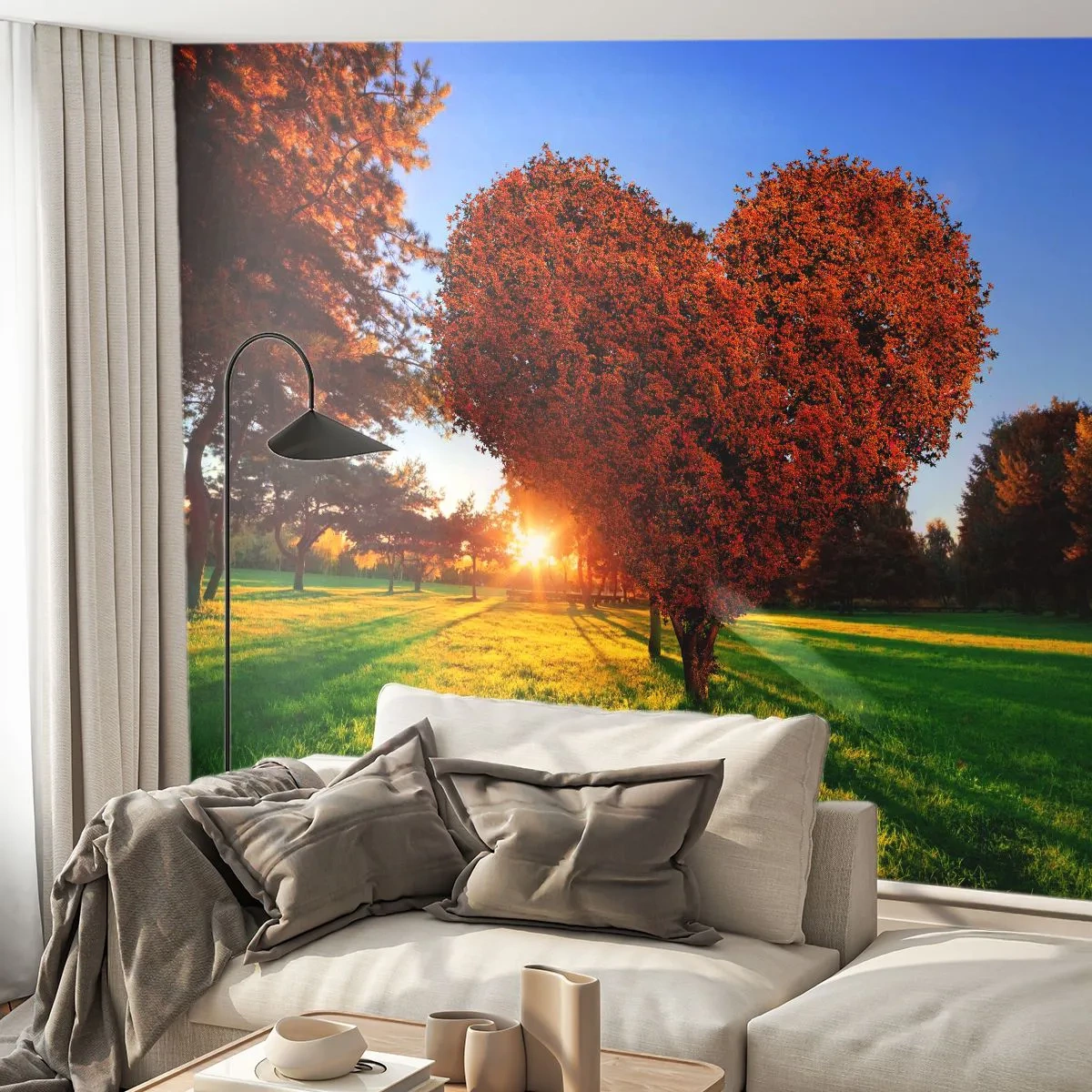Zelfklevend Fotobehang Deluxe Sticker - En hoe kun je niet van de herfst houden - Landschap, Boom, Stralen van de zon - 350x256 cm