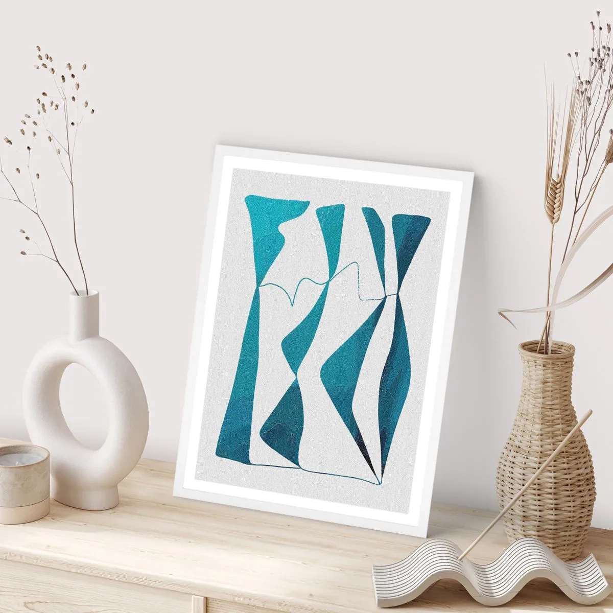 Poster in een witte lijst - Abstractie: turquoise verbinding - 70x100 cm