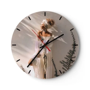 Wandklok - Klok - Een vrouw in boho-stijl staat in de zon - 30x30cm - De zon en het meisje - Moderne wanddecoratie voor woonkamer, keuken en slaapkamer ARTTOR