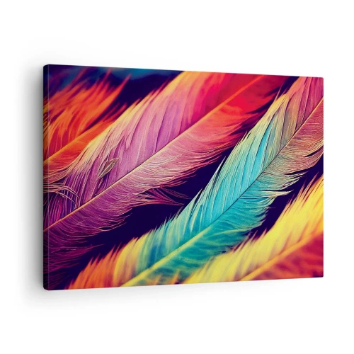 Schilderen op canvas - Kleurrijke veren in intense kleuren - 70x50cm - Gevederde regenboog - Moderne wanddecoratie voor woonkamer en slaapkamer ARTTOR