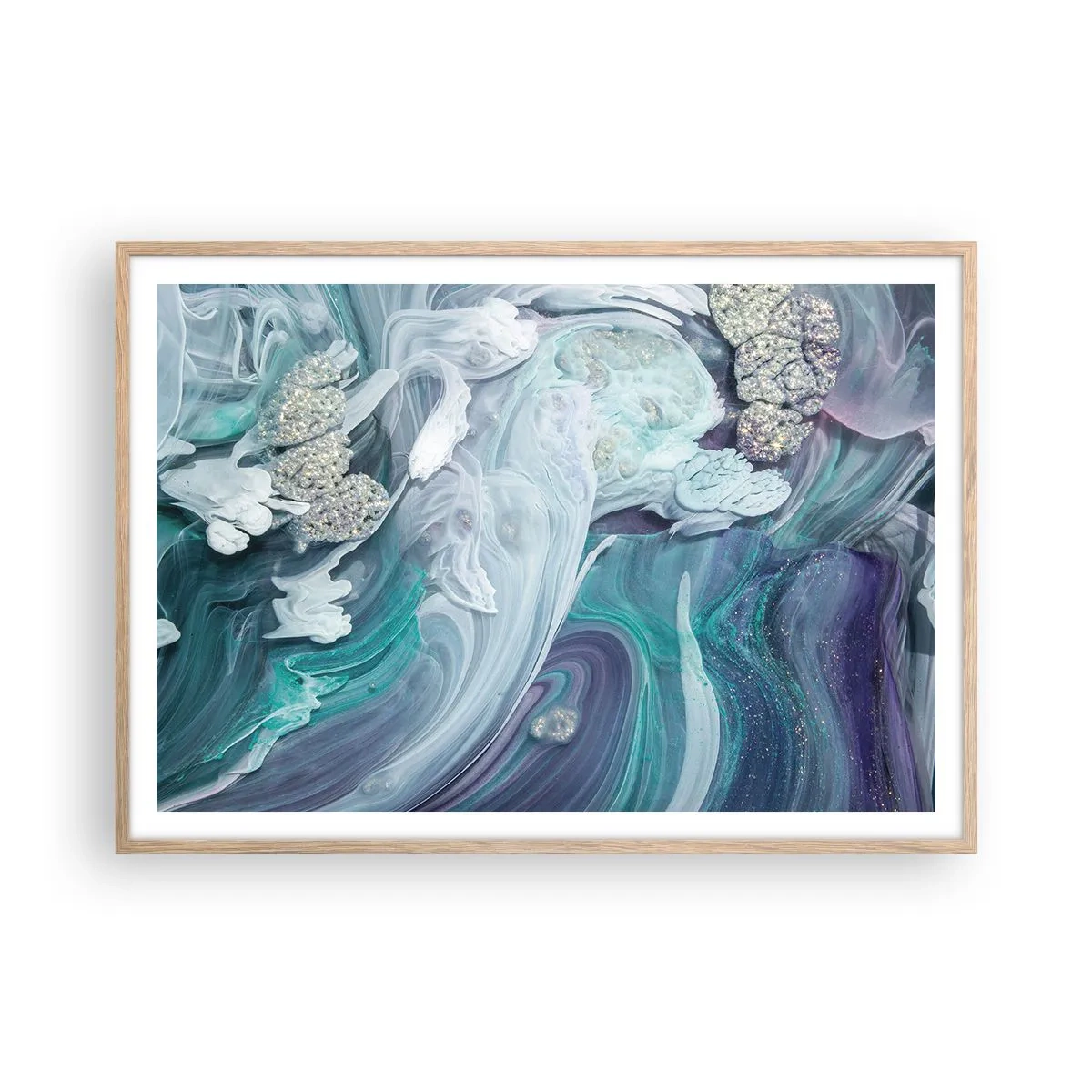 Een poster in een licht eiken lijst - Stromingen van hemelsblauw - 100x70 cm