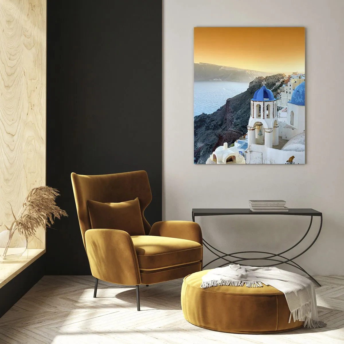 Schilderen op glas - Santorini - genesteld tegen de rotsen - 50x70 cm