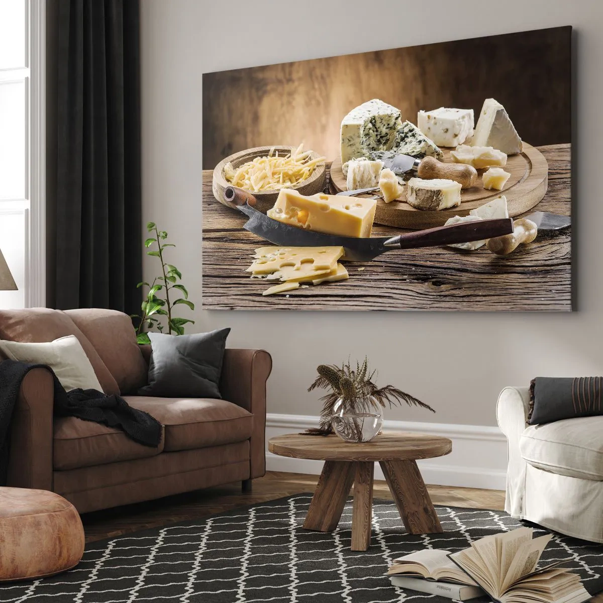 Schilderen op canvas - Een kaasplank met verschillende soorten op een houten tafel - 70x50cm - Glimlach naar de kaas - Moderne wanddecoratie voor woonkamer en slaapkamer ARTTOR