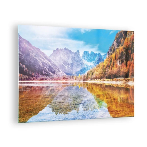 Schilderen op glas - Herfstbergen weerspiegeld in het meer, omringd door kleurrijke bomen - 70x50cm - En het is al herfst in de bergen - Moderne wanddecoratie voor woonkamer en slaapkamer ARTTOR