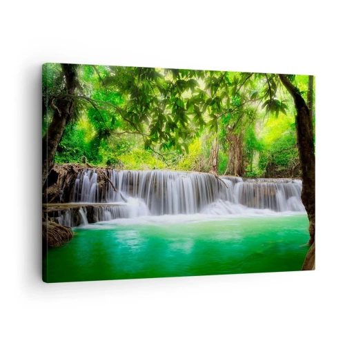 Schilderen op canvas - Een groene waterval omgeven door dichte tropische vegetatie - 70x50cm - Een waterval in het groen - Moderne wanddecoratie voor woonkamer en slaapkamer ARTTOR