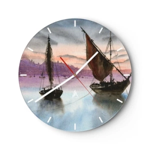 Wandklok - Klok - Zeilschepen op het water bij zonsondergang - 30x30cm - Avond in de haven - Moderne wanddecoratie voor woonkamer, keuken en slaapkamer ARTTOR