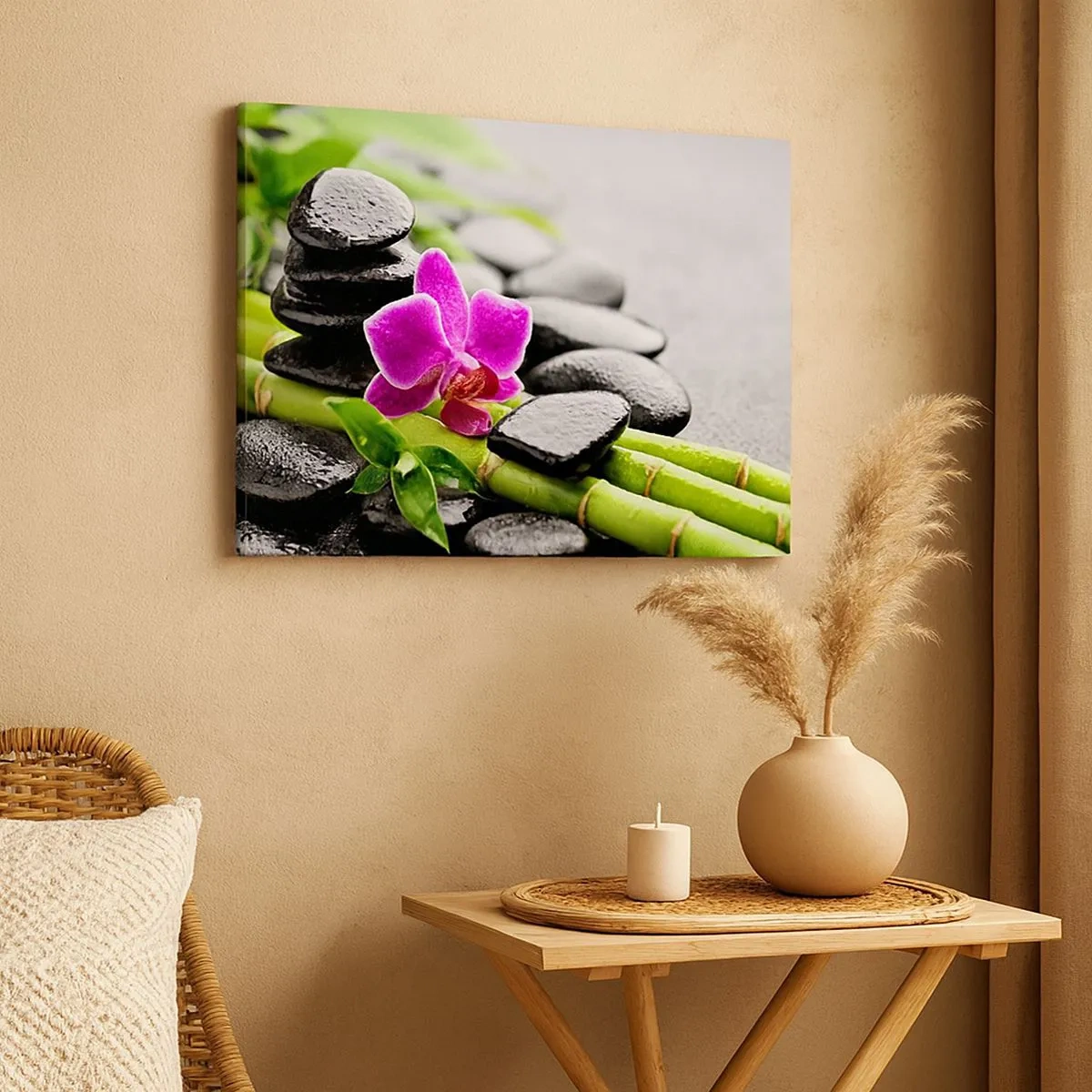 Schilderen op canvas - Paarse orchidee, zwarte stenen en bamboe in een rustige compositie - 70x50cm - In een vrede evenwicht - Moderne wanddecoratie voor woonkamer en slaapkamer ARTTOR