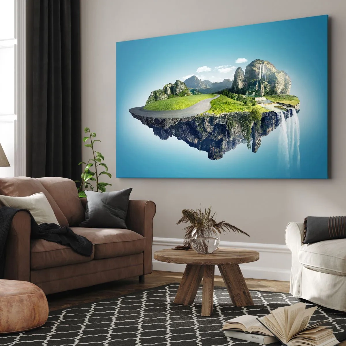 Schilderen op canvas - Een drijvend eiland met bergen en watervallen - 70x50cm - Fantastisch eiland - Moderne wanddecoratie voor woonkamer en slaapkamer ARTTOR