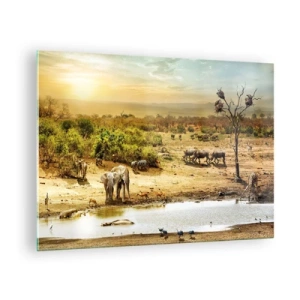 Schilderen op glas - Olifanten en dieren bij een drinkplaats tegen de achtergrond van een Afrikaans landschap - 70x50cm - "Er stroomde een rivier uit Eden …" - Moderne wanddecoratie voor woonkamer en slaapkamer ARTTOR