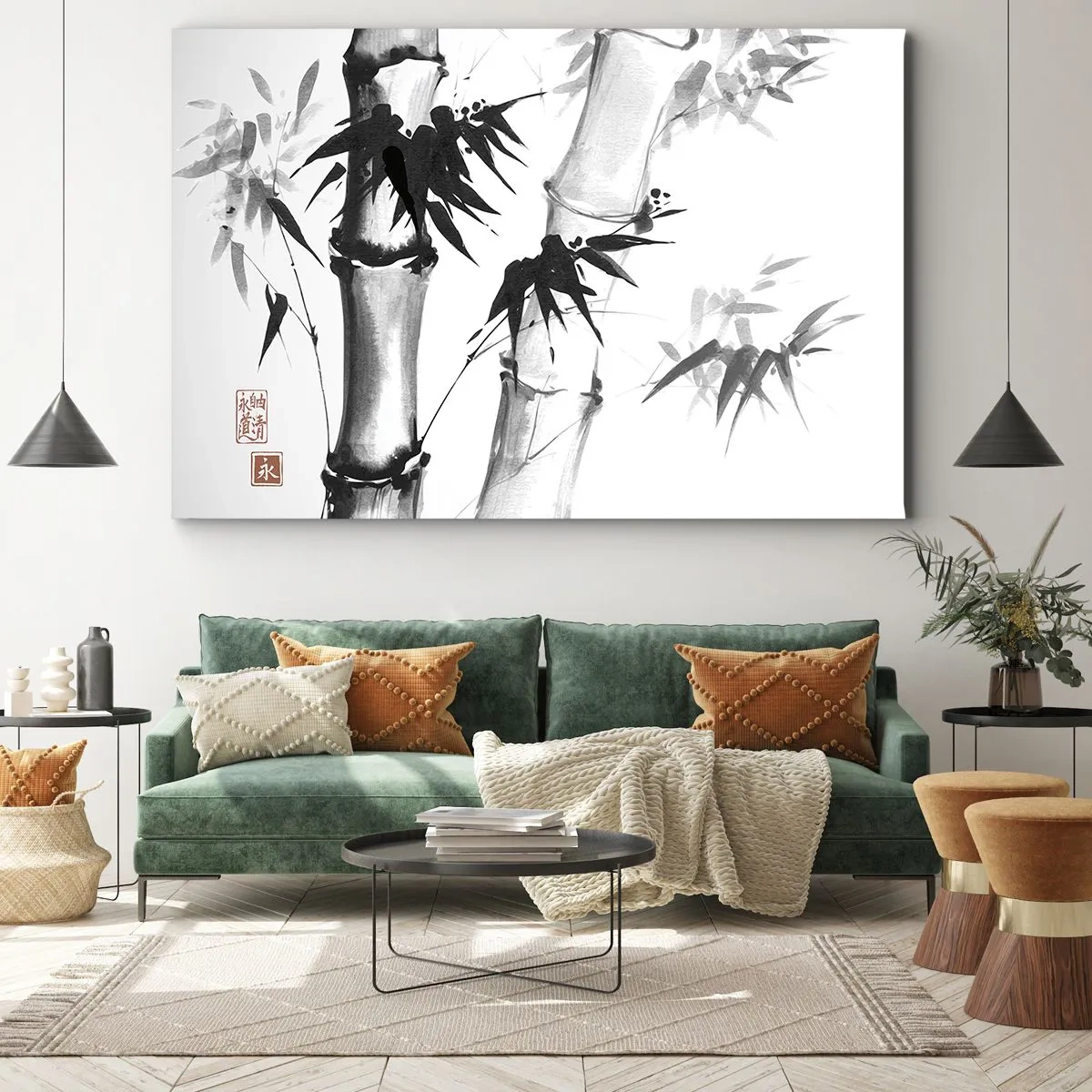 Schilderen op canvas - Japanse aquarelbamboe op een witte achtergrond - 70x50cm - Close-up op het oosten - Moderne wanddecoratie voor woonkamer en slaapkamer ARTTOR