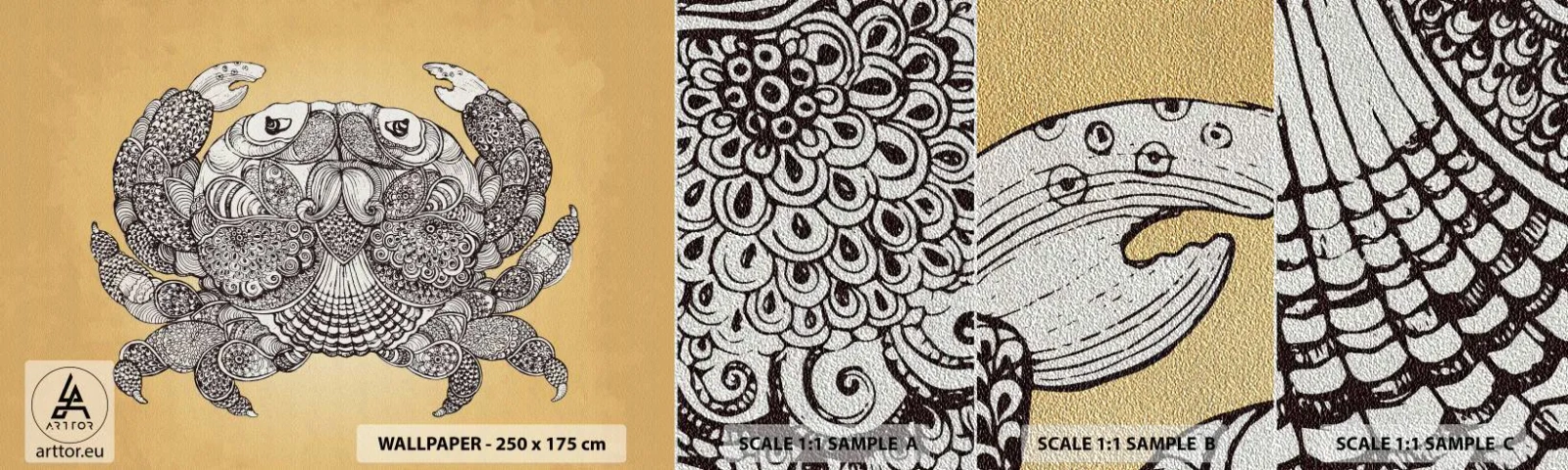 Fotobehang Monster Premium Sand - Verhalen van meneer Krabs - Krab, Dieren, Tekening - 100x30 cm