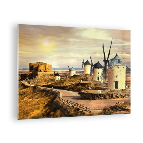 Schilderen op glas - Windmolens en een kasteel in het landschap bij zonsondergang - 70x50cm - Don Kichot zal snel hier zijn. - Moderne wanddecoratie voor woonkamer en slaapkamer ARTTOR