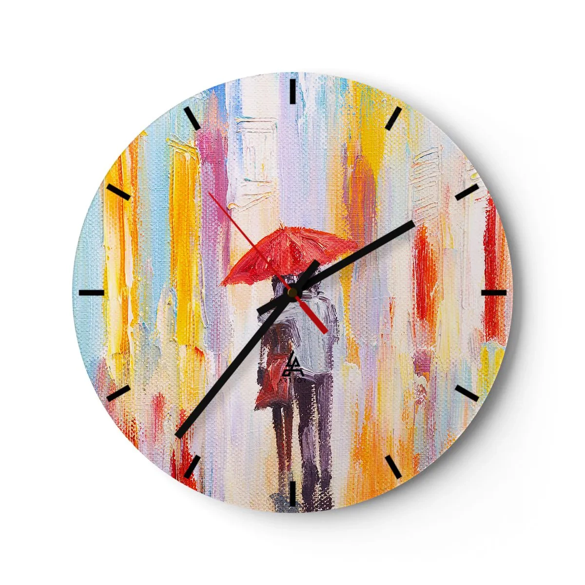 Wandklok - Klok - Een figuur met een rode paraplu tegen de achtergrond van een kleurrijke stad - 30x30cm - Laat het maar regenen - Moderne wanddecoratie voor woonkamer, keuken en slaapkamer ARTTOR
