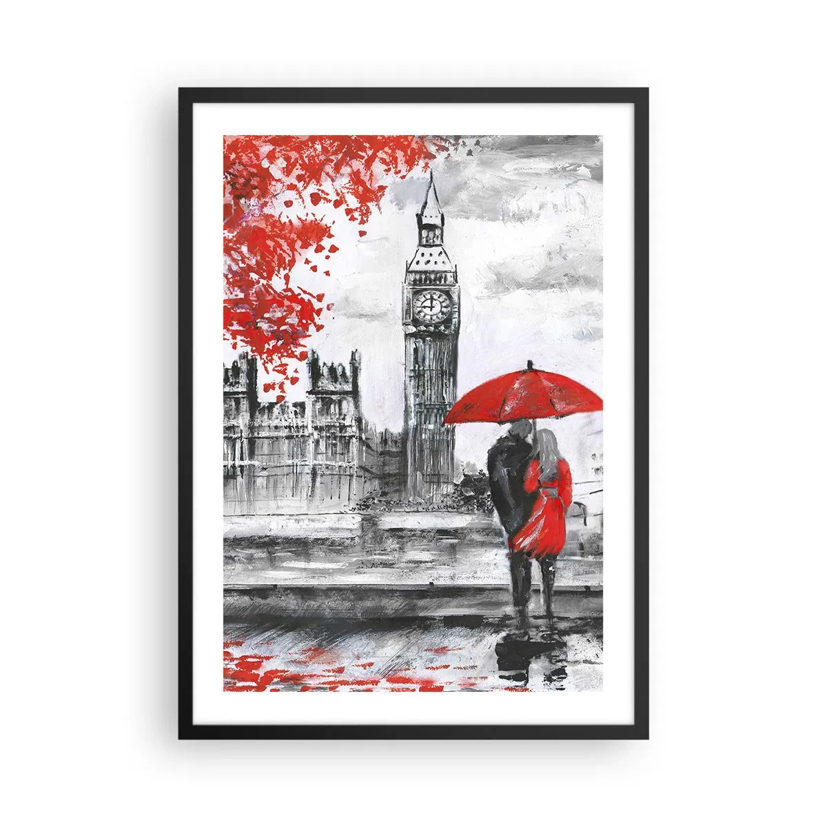 Poster in een zwarte lijst - Een figuur met een rode paraplu voor de Big Ben in Londen - 50x70cm - Verliefd op Londen - Moderne wanddecoratie voor woonkamer en slaapkamer ARTTOR