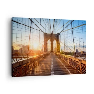 Schilderen op canvas - De brug in het licht van de ondergaande zon met uitzicht op de stad - 70x50cm - Op de gouden brug - Moderne wanddecoratie voor woonkamer en slaapkamer ARTTOR