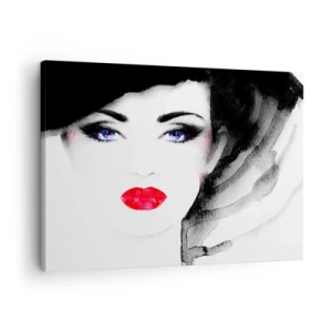 Schilderen op canvas - Portret van een vrouw met rode lippen en intens blauwe ogen - 70x50cm - Hij duwt terug en roept - Moderne wanddecoratie voor woonkamer en slaapkamer ARTTOR
