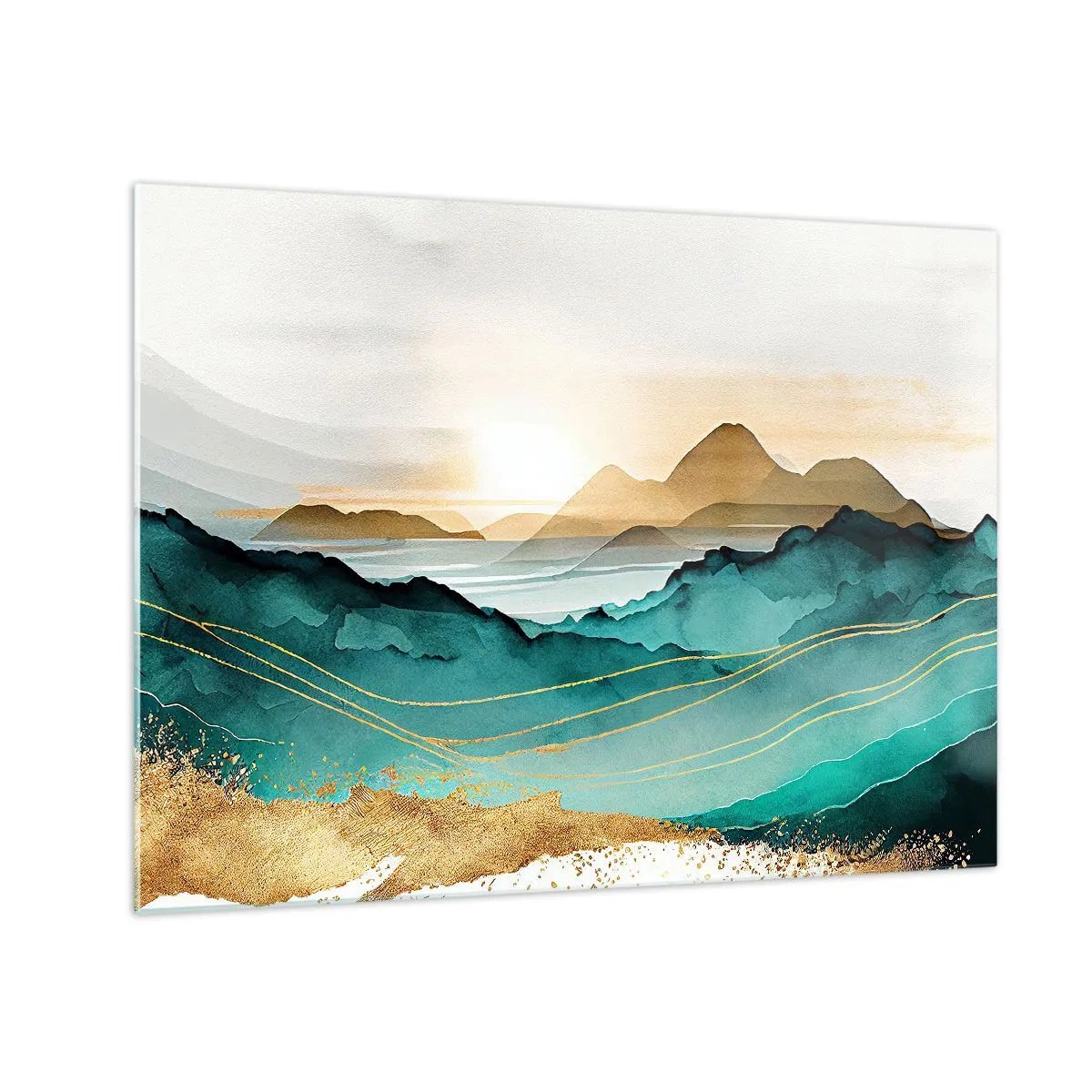 Schilderen op glas - Een goud en turquoise berglandschap in aquarelstijl. - 70x50cm - Op de rand van abstractie – landschap - Moderne wanddecoratie voor woonkamer en slaapkamer ARTTOR