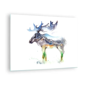 Schilderen op glas - Aquarelschilderij van een eland met een bergsilhouetmotief - 70x50cm - De held van een winters verhaal - Moderne wanddecoratie voor woonkamer en slaapkamer ARTTOR