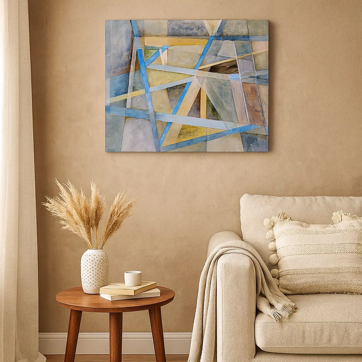 Schilderen op canvas - Geometrische compositie met lichte en blauwe lijnen - 70x50cm - Recht of diagonaal? - Moderne wanddecoratie voor woonkamer en slaapkamer ARTTOR