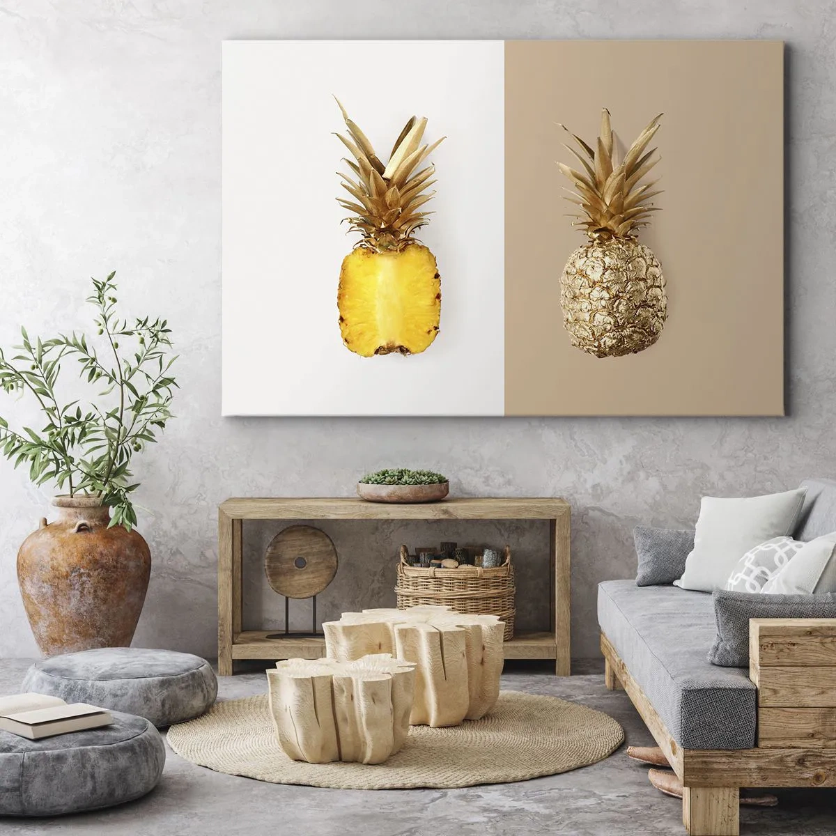Schilderen op canvas - Een halve verse, goudgele ananas op een contrasterende achtergrond - 70x50cm - Ananas voor ons - Moderne wanddecoratie voor woonkamer en slaapkamer ARTTOR
