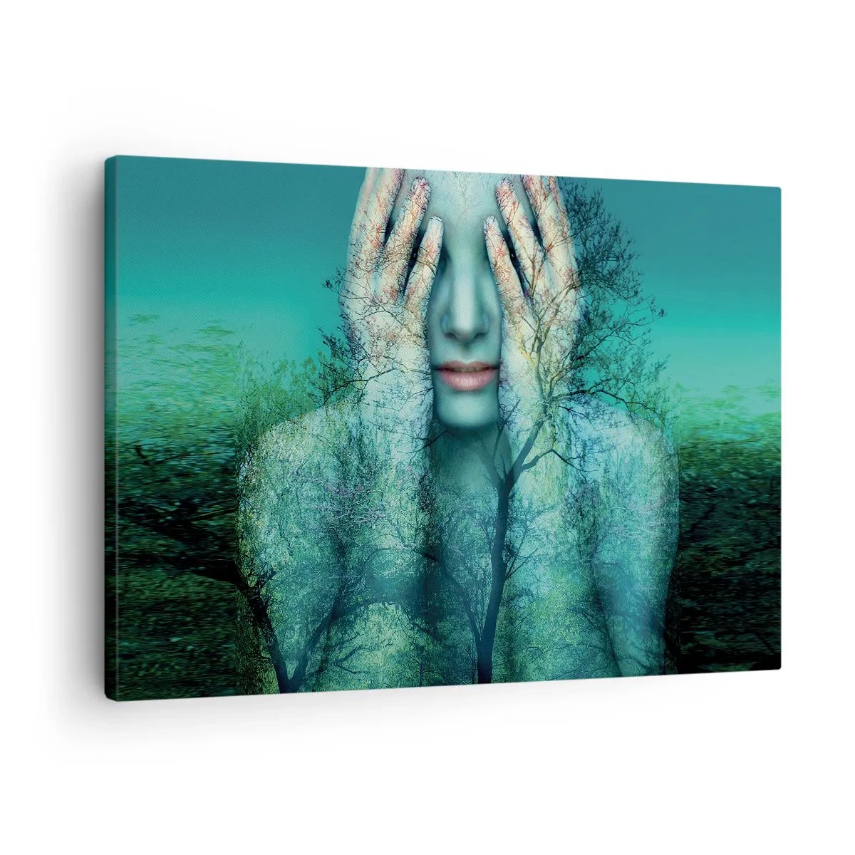 Schilderen op canvas - Een vrouwenfiguur met een boommotief tegen een turquoise landschapsachtergrond - 70x50cm - Ondergedompeld in blauw - Moderne wanddecoratie voor woonkamer en slaapkamer ARTTOR