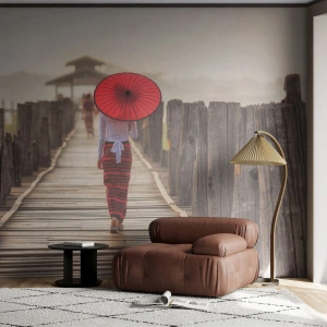 Fotobehang op maat Premium Sand - Op de oude brug - Paraplu, Birma, Houten brug