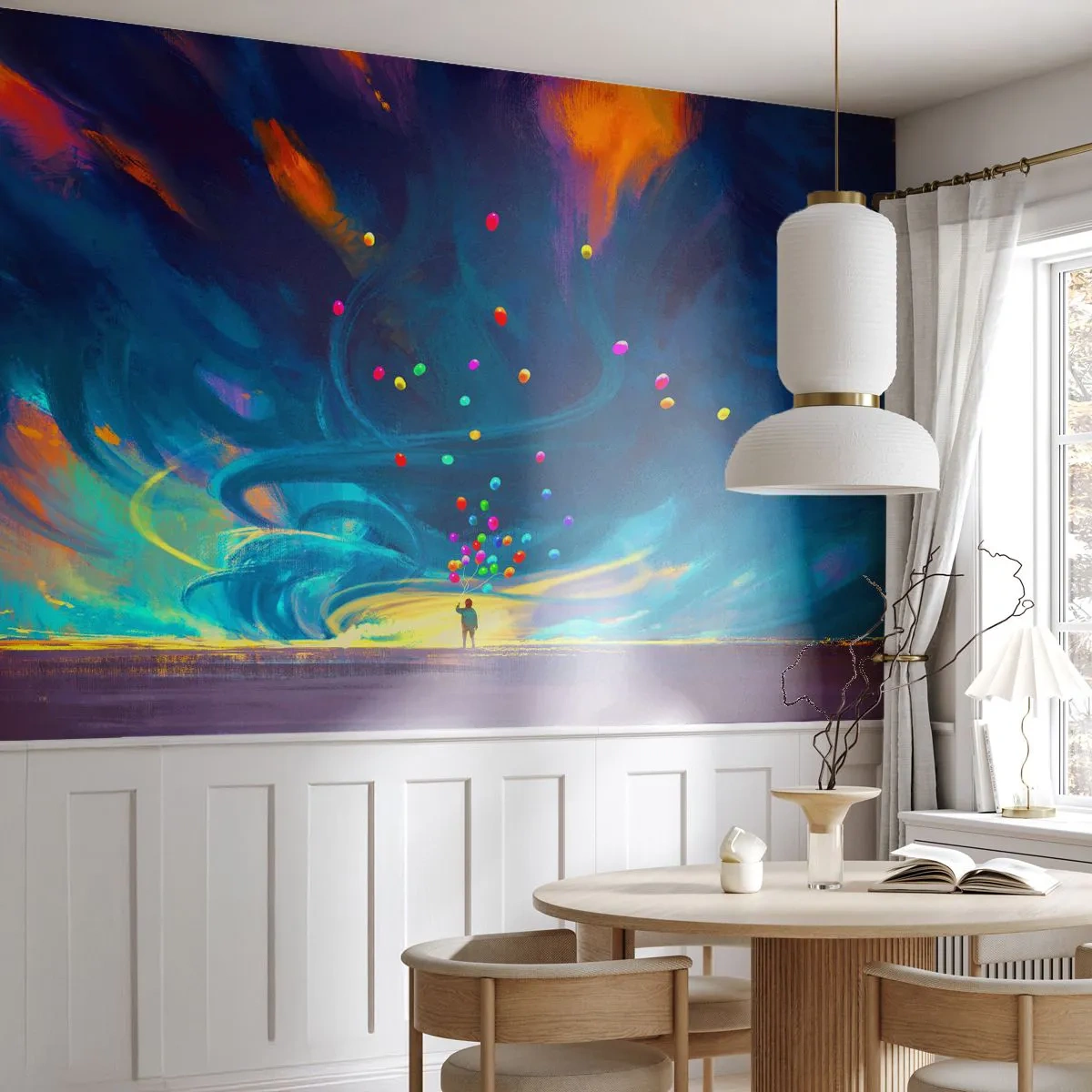 Fotobehang Premium Sand - Naar de blauwe wind - Voor kinderen, Kleurrijke ballonnen, Abstractie - 100x70 cm