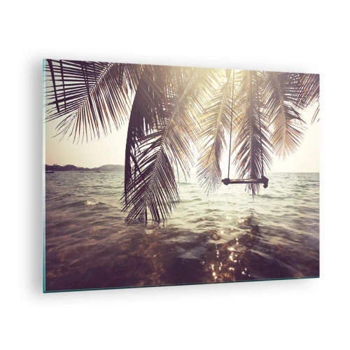 Schilderen op glas - Een strand met palmbomen en een schommel boven een kalme zee - 70x50cm - Je kunt naar believen in de wolken slingeren - Moderne wanddecoratie voor woonkamer en slaapkamer ARTTOR