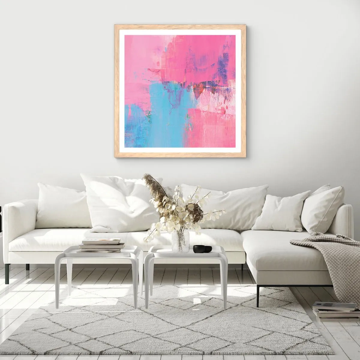 Een poster in een licht eiken lijst - Roze, blauw en een vleugje licht - 60x60 cm