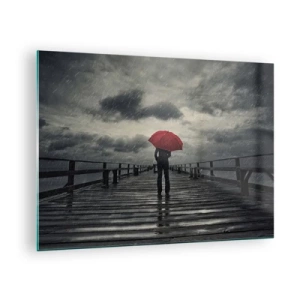 Schilderen op glas - Een man met een rode paraplu op een houten pier in de regen. - 70x50cm - Het maakt niet uit dat het regent - Moderne wanddecoratie voor woonkamer en slaapkamer ARTTOR