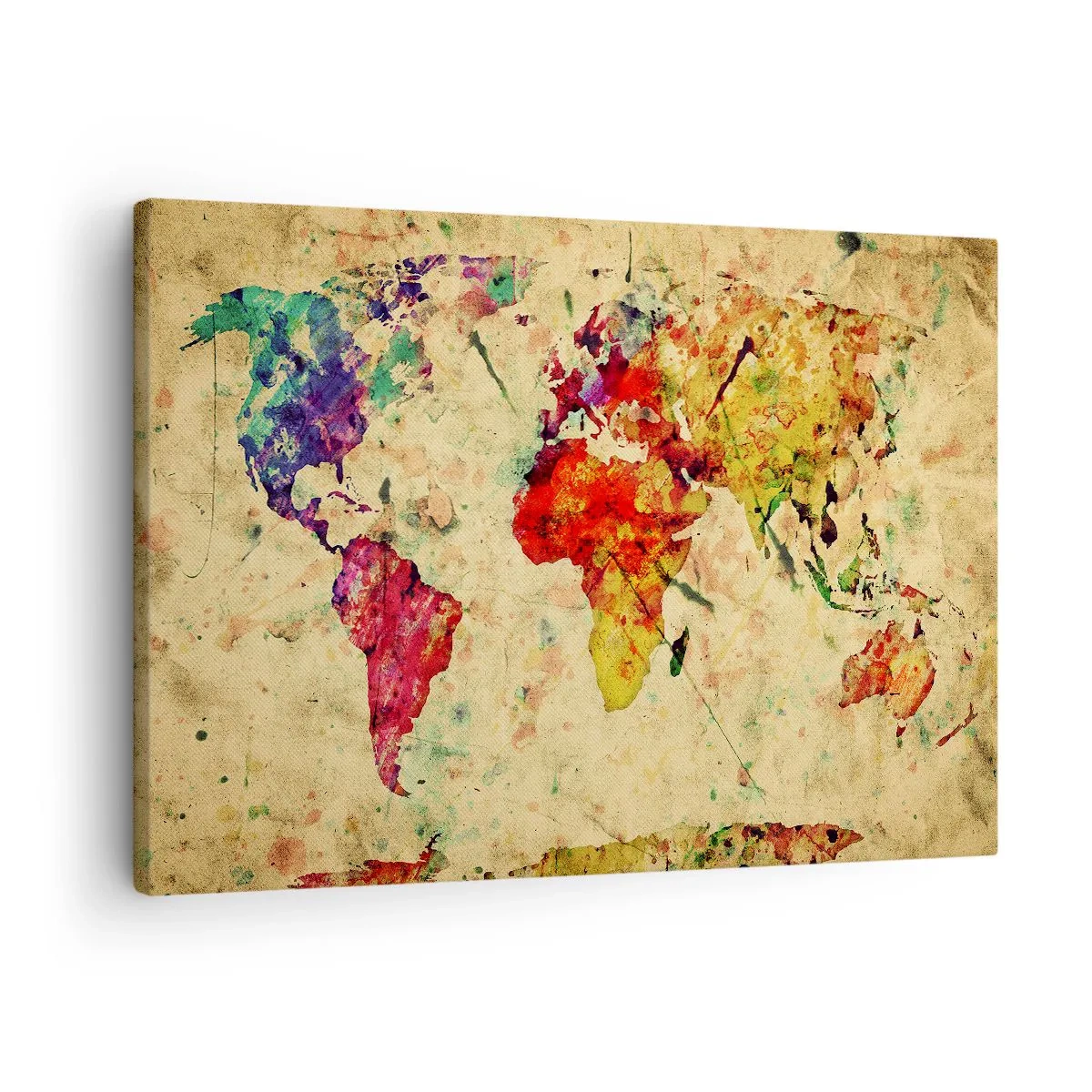 Schilderen op canvas - Een kleurrijke, artistieke interpretatie van de wereldkaart - 70x50cm - Leven als kleurrijk kaartpapier - Moderne wanddecoratie voor woonkamer en slaapkamer ARTTOR
