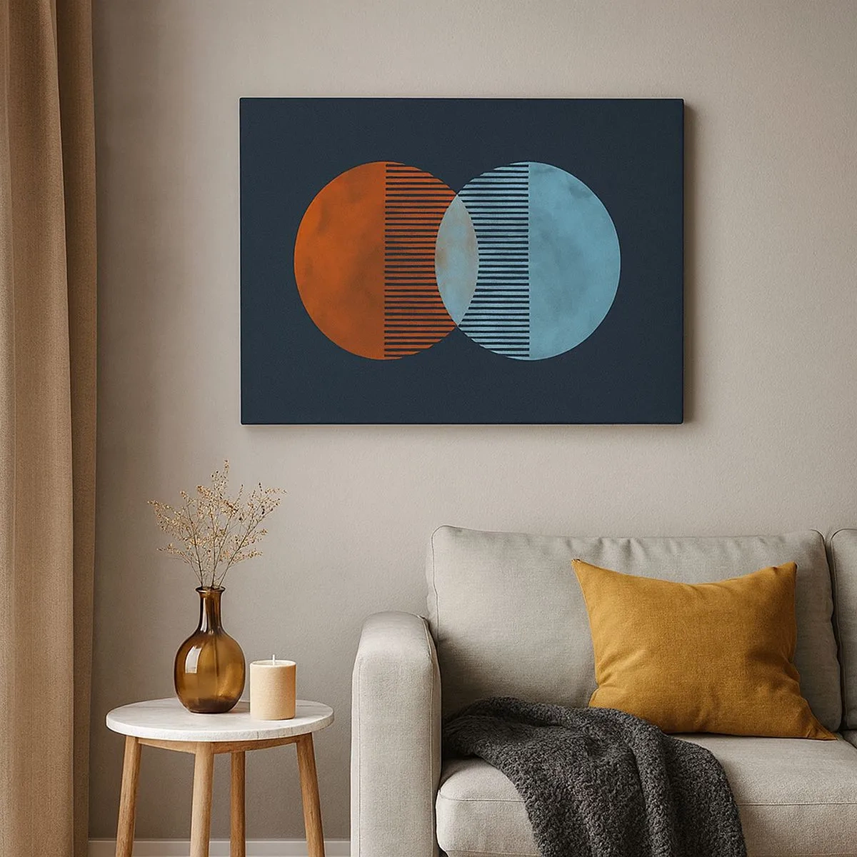 Schilderen op canvas - Twee oranje en blauwe cirkels op een donkere achtergrond - 70x50cm - Astronomische fantasie - Moderne wanddecoratie voor woonkamer en slaapkamer ARTTOR
