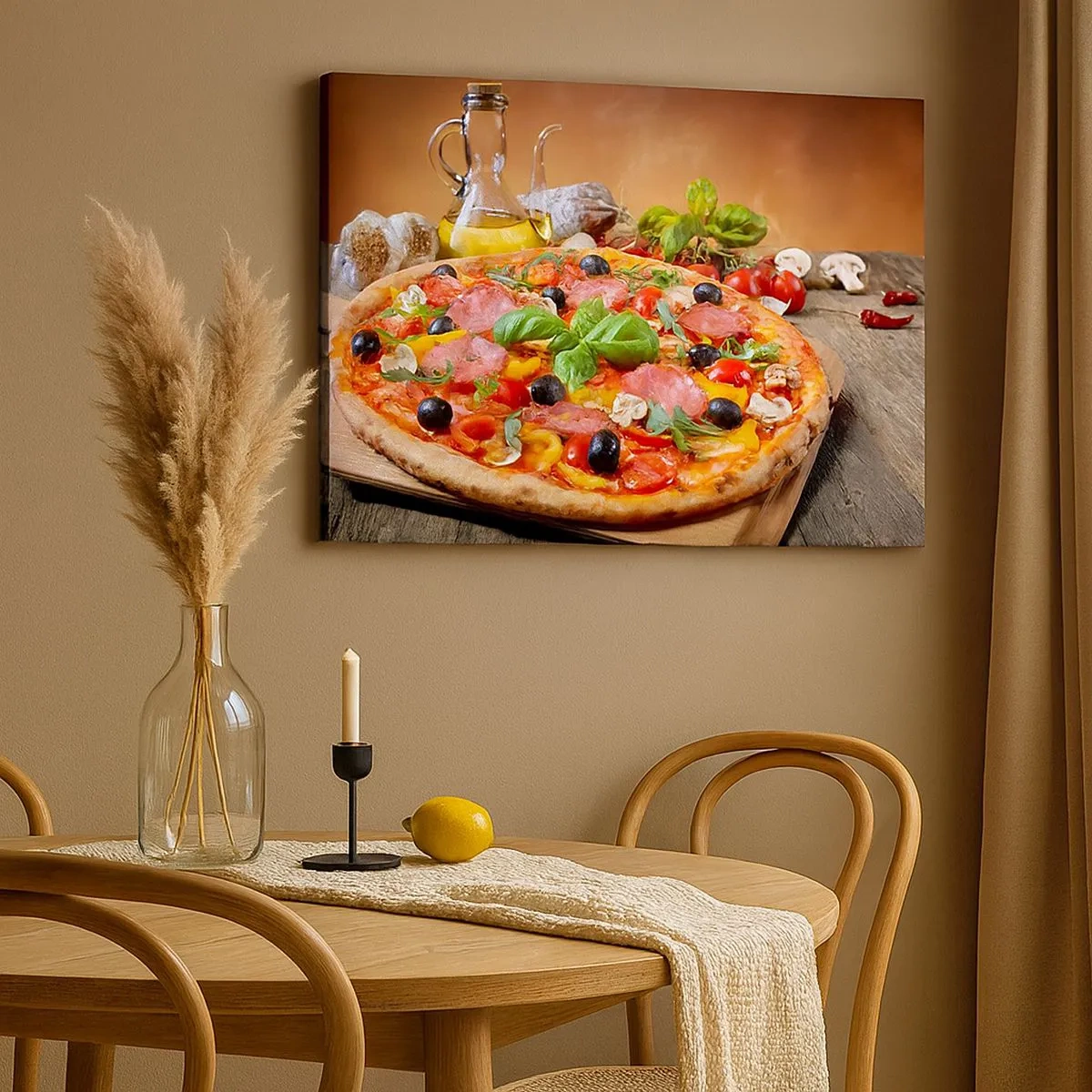 Schilderen op canvas - Smakelijke pizza op een houten tafel met toppings - 70x50cm - Met echte Italiaanse smaak - Moderne wanddecoratie voor woonkamer en slaapkamer ARTTOR