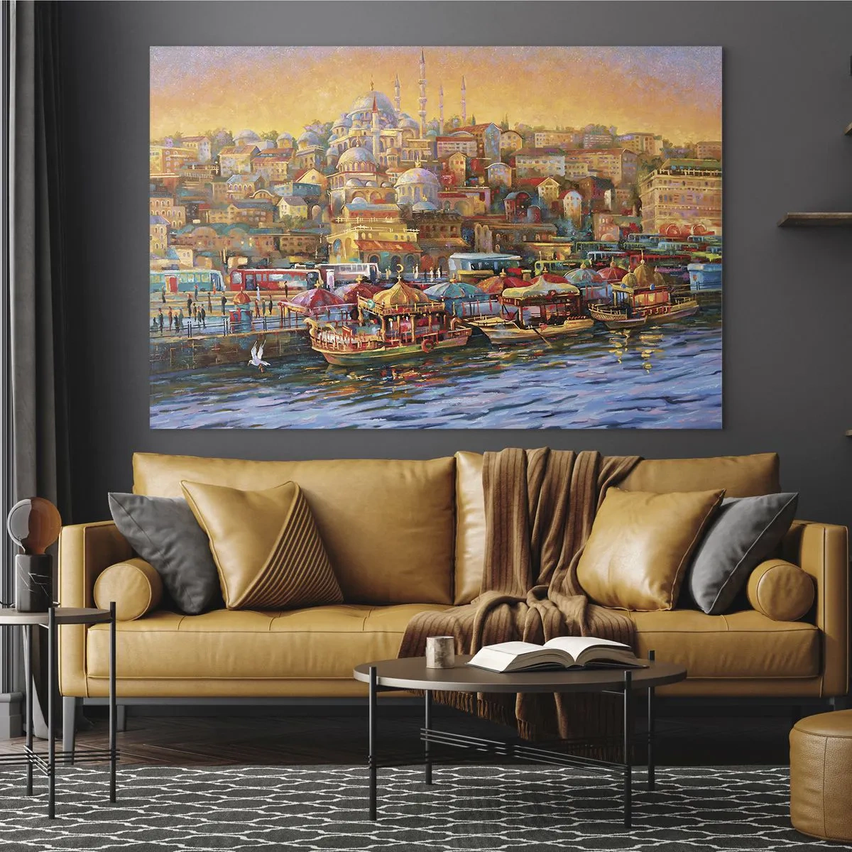 Schilderen op glas - Een kleurrijke haven met boten en een stadspanorama bij zonsondergang - 70x50cm - Istanboel verhaal - Moderne wanddecoratie voor woonkamer en slaapkamer ARTTOR