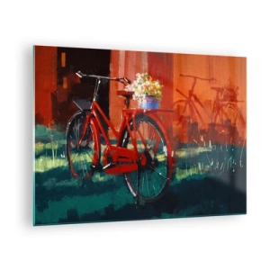 Schilderen op glas - Een rode fiets met bloemen voor een rood gebouw - 70x50cm - Ik wil met mijn fiets rijden - Moderne wanddecoratie voor woonkamer en slaapkamer ARTTOR