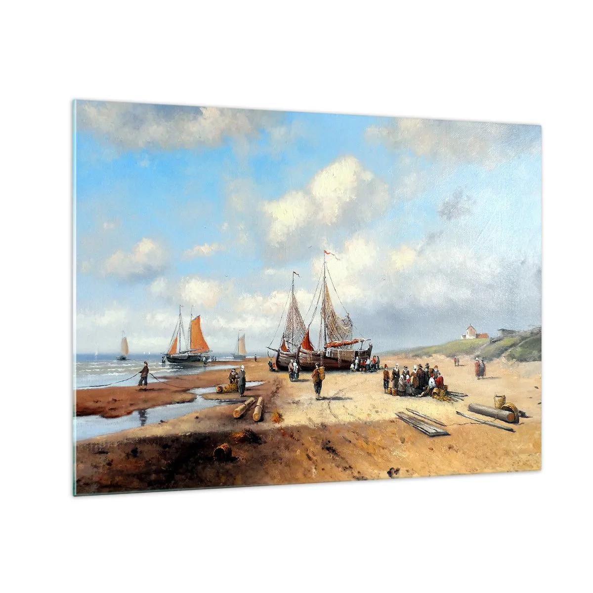 Schilderen op glas - Strandgezicht met vissersboten en vissende mensen - 70x50cm - Na een geslaagde vangst - Moderne wanddecoratie voor woonkamer en slaapkamer ARTTOR