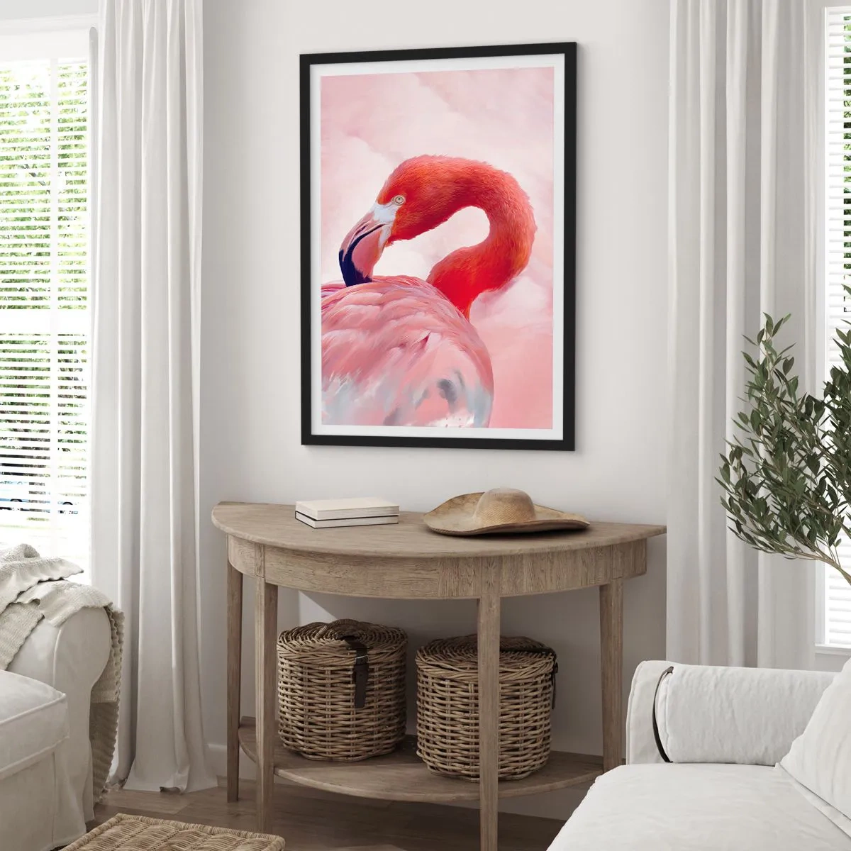 Poster in een zwarte lijst - Roze flamingo op een lichte achtergrond - 50x70cm - Vogel schoonheid - Moderne wanddecoratie voor woonkamer en slaapkamer ARTTOR
